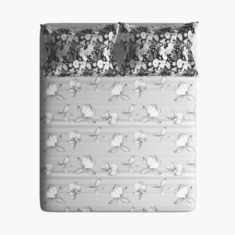 PORTICO Marvella Black and Grey Printed Cotton Super King Bedsheet Set - 274x274cm - 3Pcs