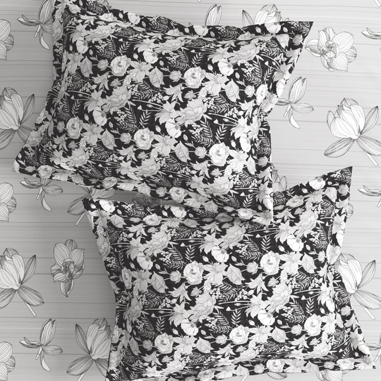 PORTICO Marvella Black and Grey Printed Cotton Super King Bedsheet Set - 274x274cm - 3Pcs