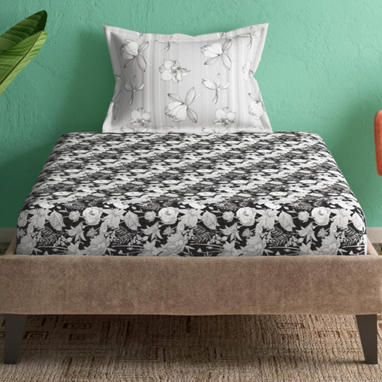 PORTICO Marvella Black Floral Printed Cotton Single Bedsheet Set - 150x224cm - 2Pcs