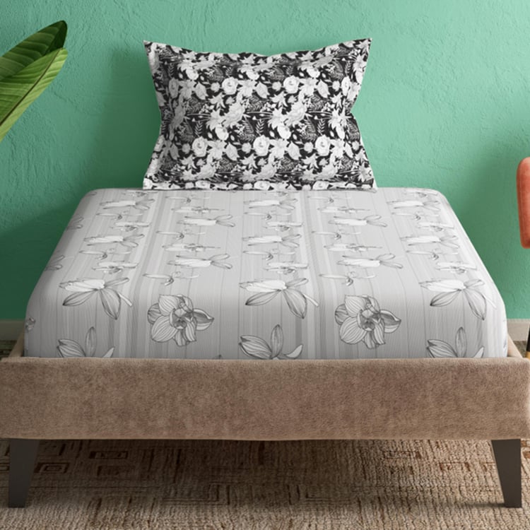 PORTICO Marvella Grey Printed Cotton Single Bedsheet Set - 150x224cm - 2Pcs