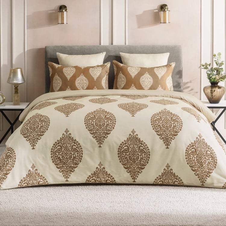D'DECOR Optima Brown Ethnic Printed Cotton King Fitted Bedsheet Set - 182x198cm - 3Pcs
