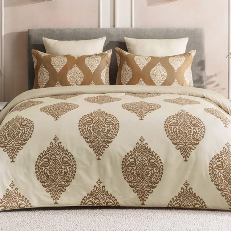 D'DECOR Optima Brown Ethnic Printed Cotton King Fitted Bedsheet Set - 182x198cm - 3Pcs