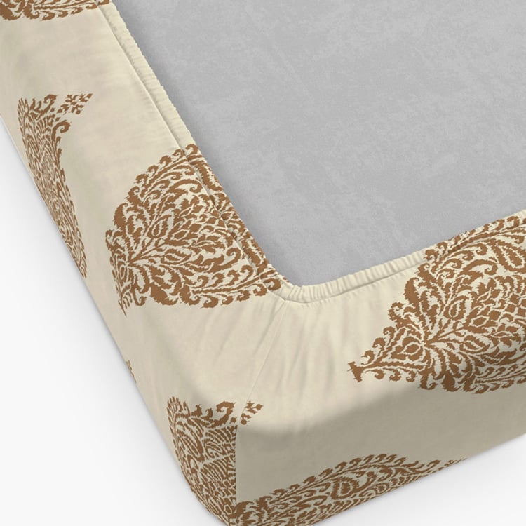 D'DECOR Optima Brown Ethnic Printed Cotton King Fitted Bedsheet Set - 182x198cm - 3Pcs