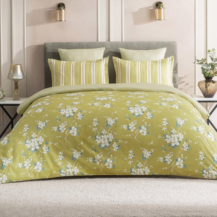 D'DECOR Optima Green Floral Printed Cotton King Fitted Bedsheet Set - 182x198cm - 3Pcs