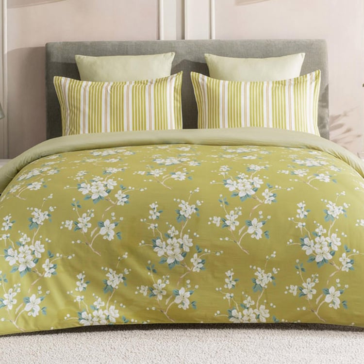 D'DECOR Optima Green Floral Printed Cotton King Fitted Bedsheet Set - 182x198cm - 3Pcs