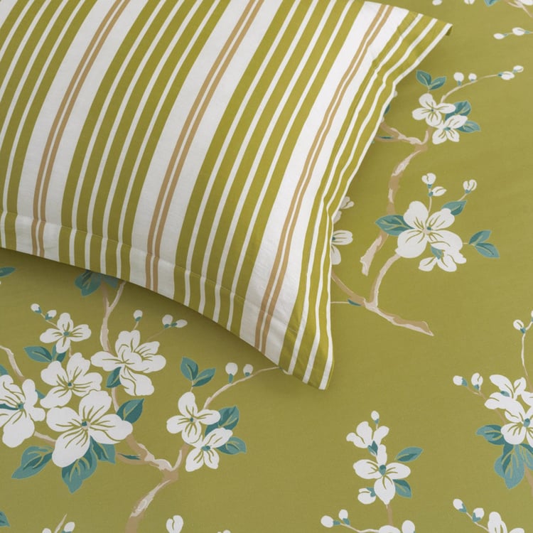 D'DECOR Optima Green Floral Printed Cotton King Fitted Bedsheet Set - 182x198cm - 3Pcs