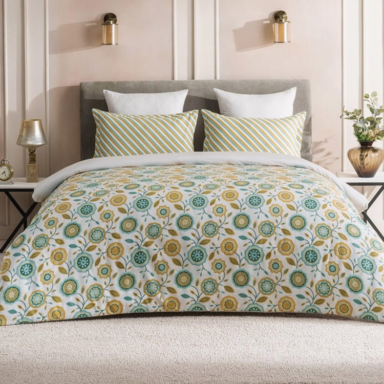 D'DECOR Optima Green Floral Printed Cotton King Fitted Bedsheet Set - 182x198cm - 3Pcs