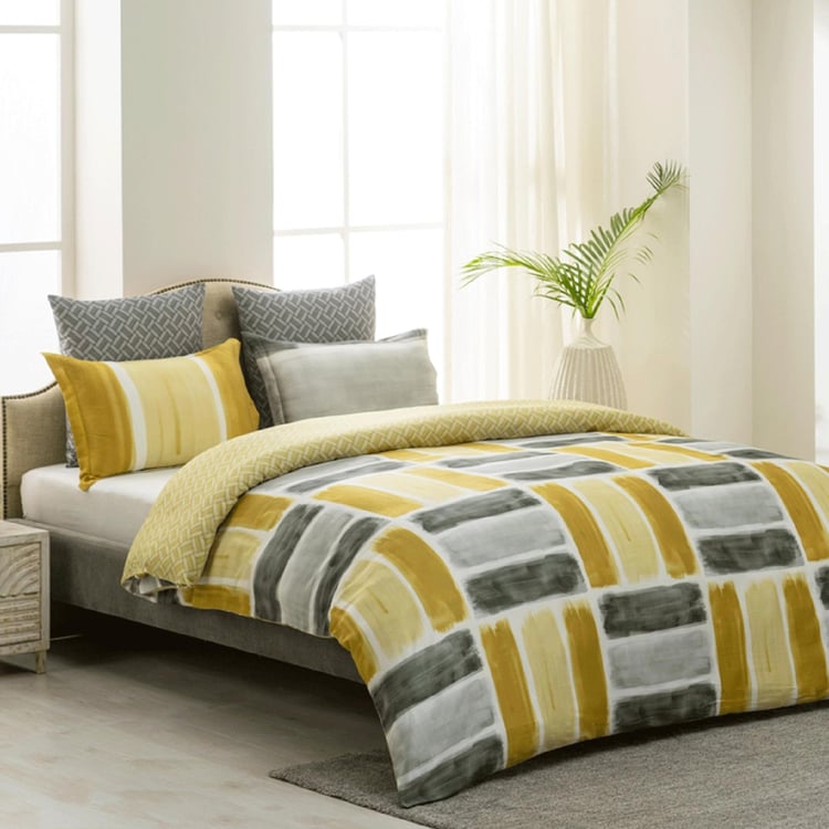 D'DECOR Esteen Yellow Printed Cotton Super King Size Bedsheet Set - 274 x 274 cm - 3 Pcs