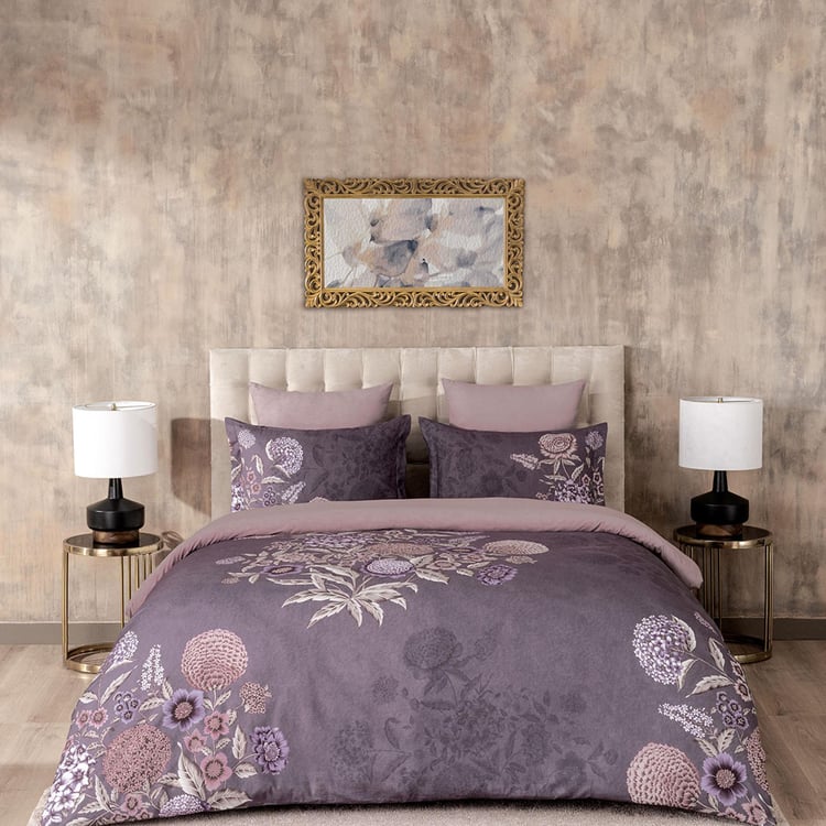 D'DECOR Gulbhag Purple Printed Cotton King Size Bedsheet Set - 274 x 274 cm - 3Pcs