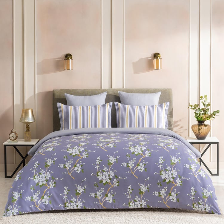 D'DECOR Optima Purple Floral Printed Cotton King Bedsheet Set - 224x274cm - 3Pcs