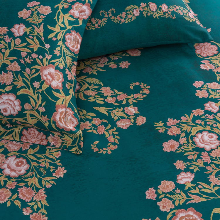 D'DECOR Pashmina Green Floral Printed Cotton Super King Bedsheet Set - 274x274cm - 5Pcs