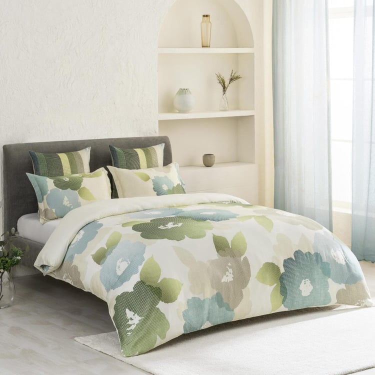 D'DECOR Platinum Green Floral Printed Cotton Super King Bedsheet Set - 274x274cm - 3Pcs