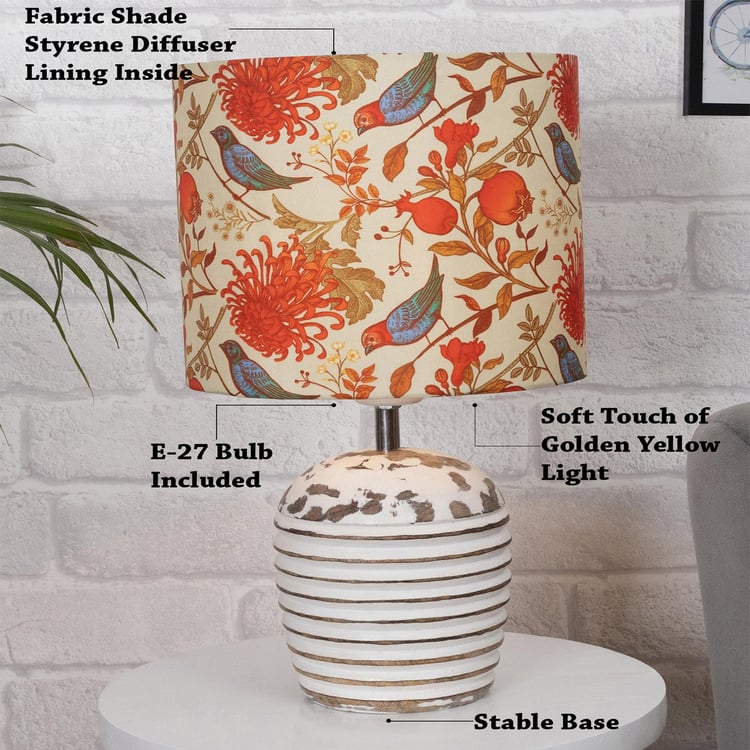 HOMESAKE White Wooden Table Lamp With Printed Fabric Shade