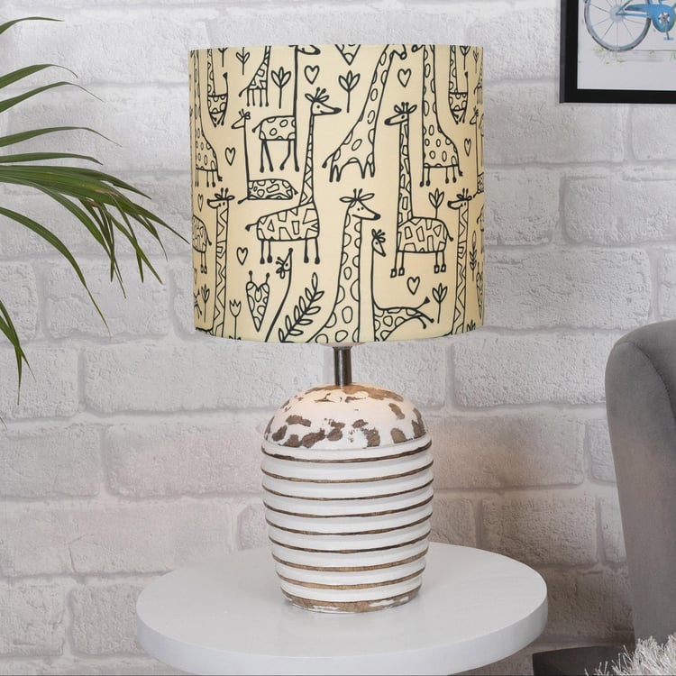 HOMESAKE White Wooden Table Lamp with Printed Fabric Shade