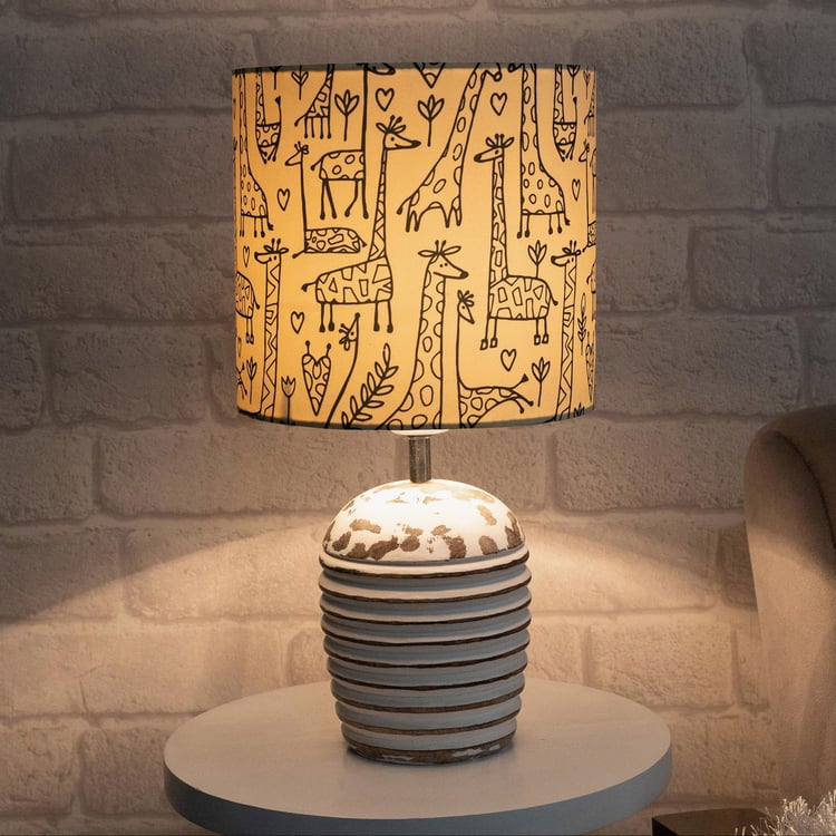 HOMESAKE White Wooden Table Lamp with Printed Fabric Shade