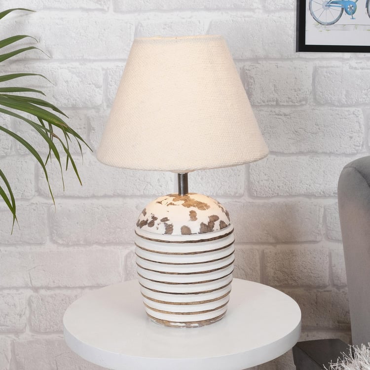 HOMESAKE White and Beige Table Lamp with Wooden Base and Fabric Lampshade