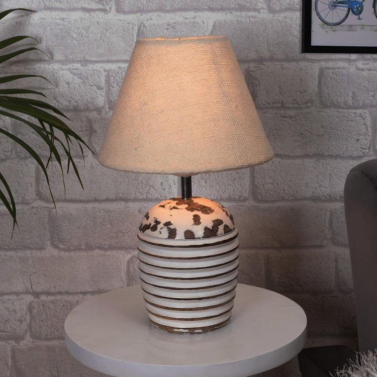 HOMESAKE White and Beige Table Lamp with Wooden Base and Fabric Lampshade