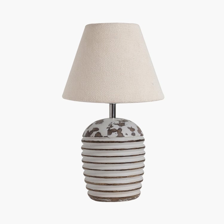 HOMESAKE White and Beige Table Lamp with Wooden Base and Fabric Lampshade