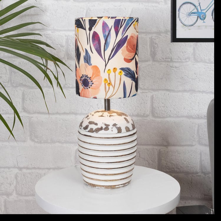 HOMESAKE White Wooden Table Lamp With Floral Printed Linen Shade