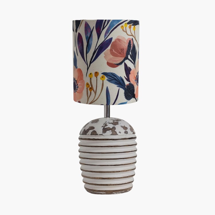 HOMESAKE White Wooden Table Lamp With Floral Printed Linen Shade