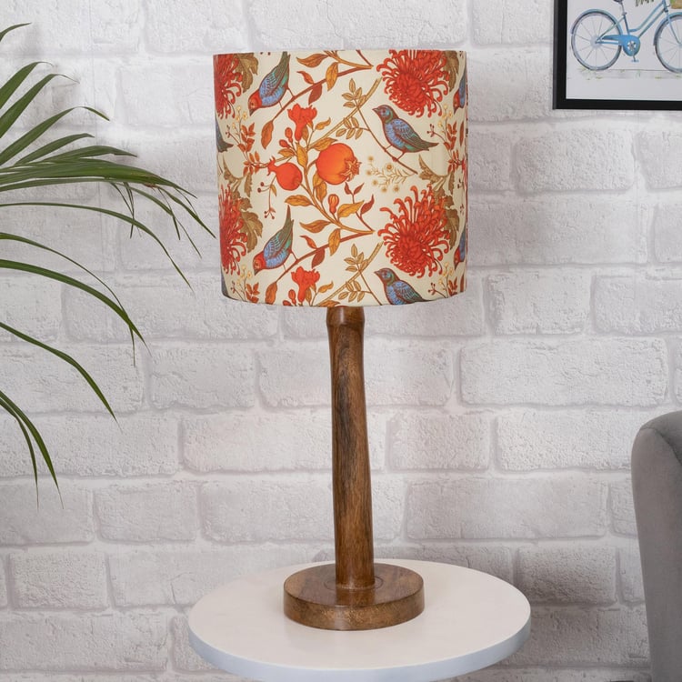 HOMESAKE Off-White And Red Floral Printed Wooden Electric Table Lamp With Shade