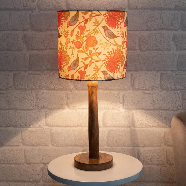 HOMESAKE Off-White And Red Floral Printed Wooden Electric Table Lamp With Shade
