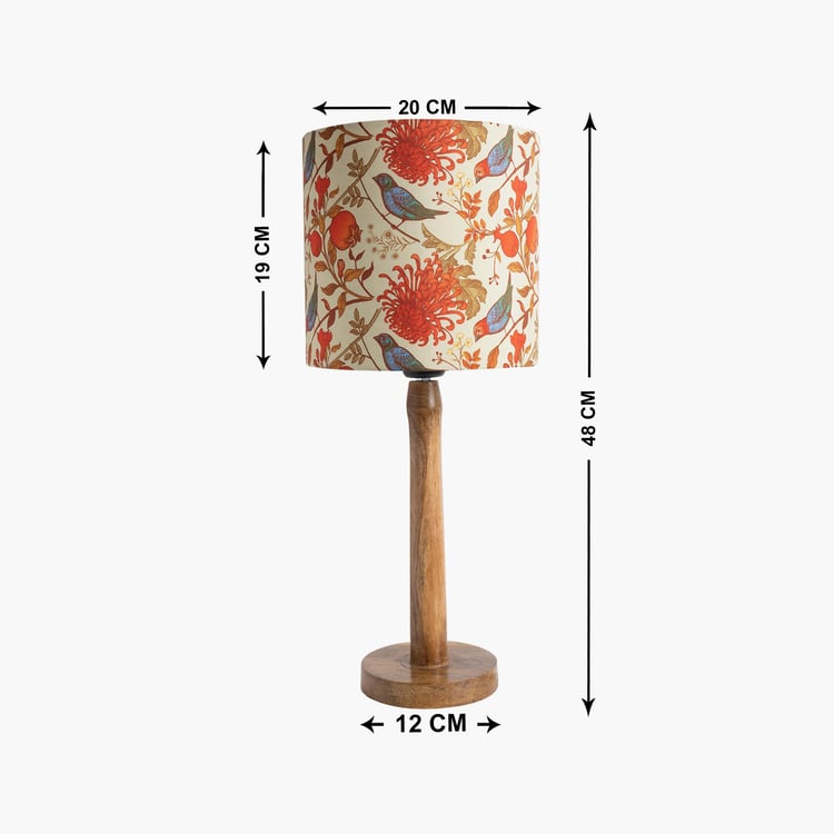 HOMESAKE Off-White And Red Floral Printed Wooden Electric Table Lamp With Shade