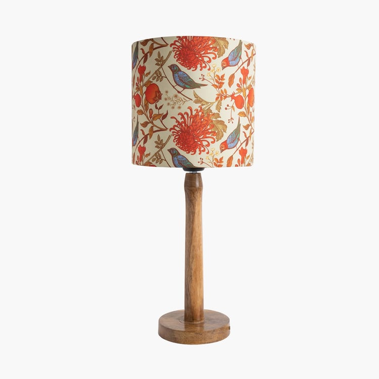 HOMESAKE Off-White And Red Floral Printed Wooden Electric Table Lamp With Shade