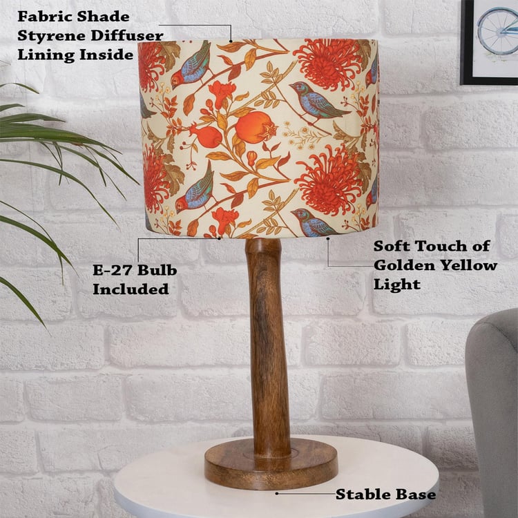 HOMESAKE Off-White And Red Floral Printed Wooden Electric Table Lamp With Shade