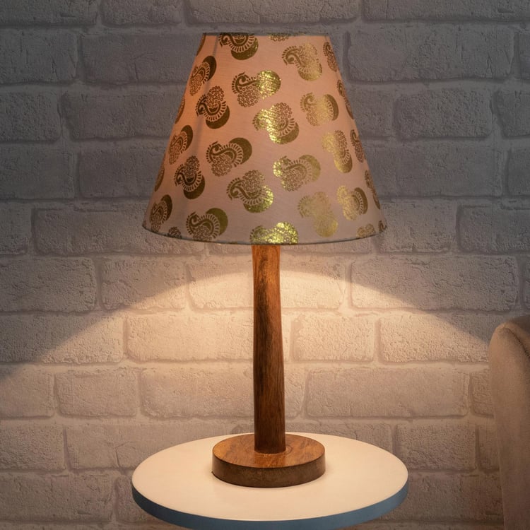 HOMESAKE Gold Wooden Table Lamp With Peacock Printed Linen Shade