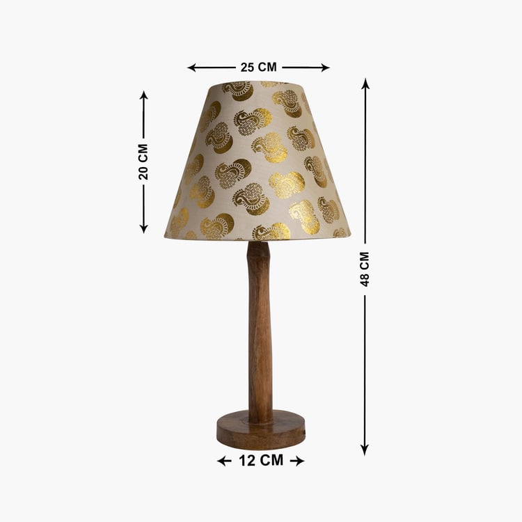 HOMESAKE Gold Wooden Table Lamp With Peacock Printed Linen Shade