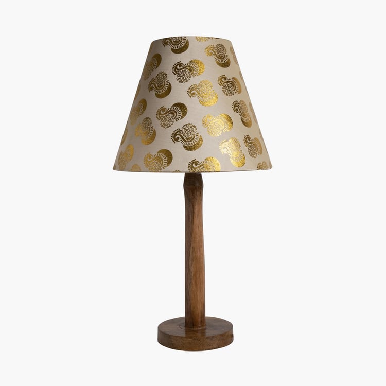 HOMESAKE Gold Wooden Table Lamp With Peacock Printed Linen Shade