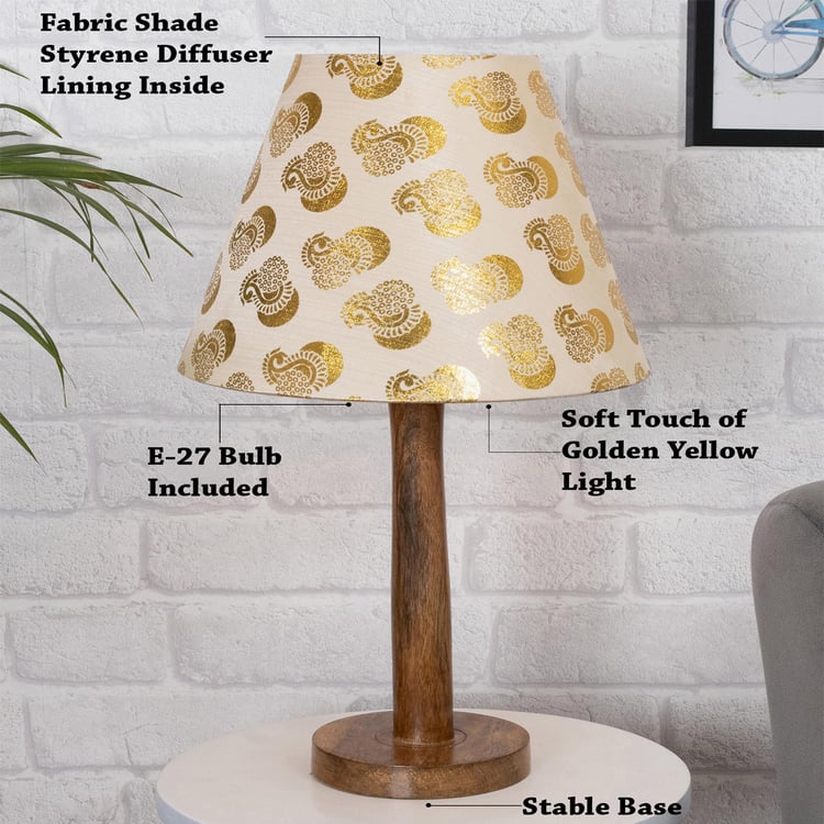 HOMESAKE Gold Wooden Table Lamp With Peacock Printed Linen Shade