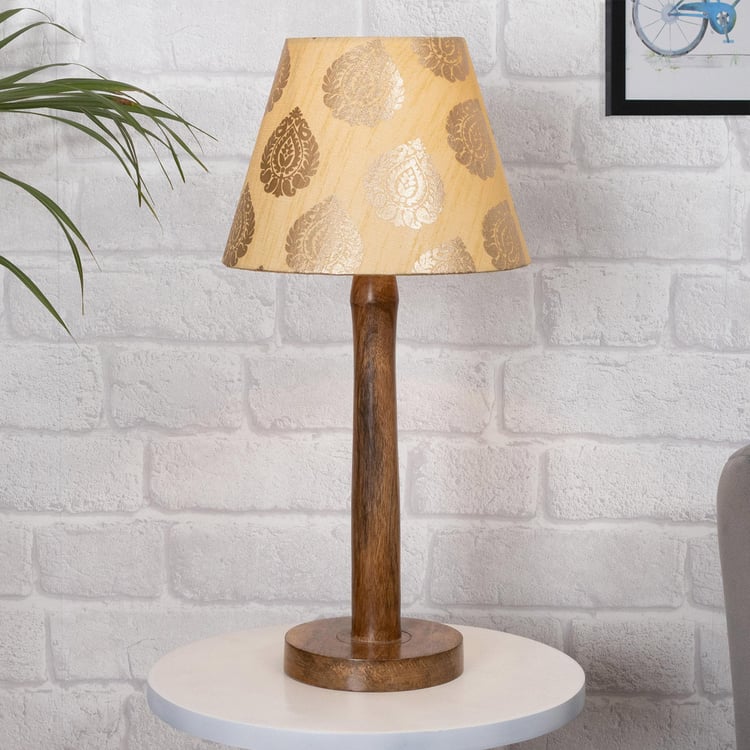 HOMESAKE Gold Wooden Table Lamp With Printed Linen Shade