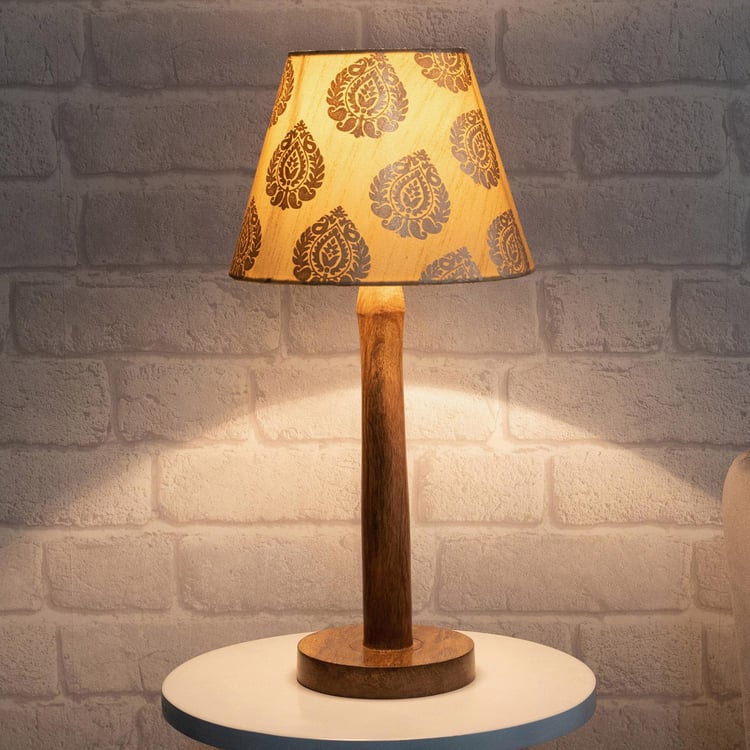 HOMESAKE Gold Wooden Table Lamp With Printed Linen Shade