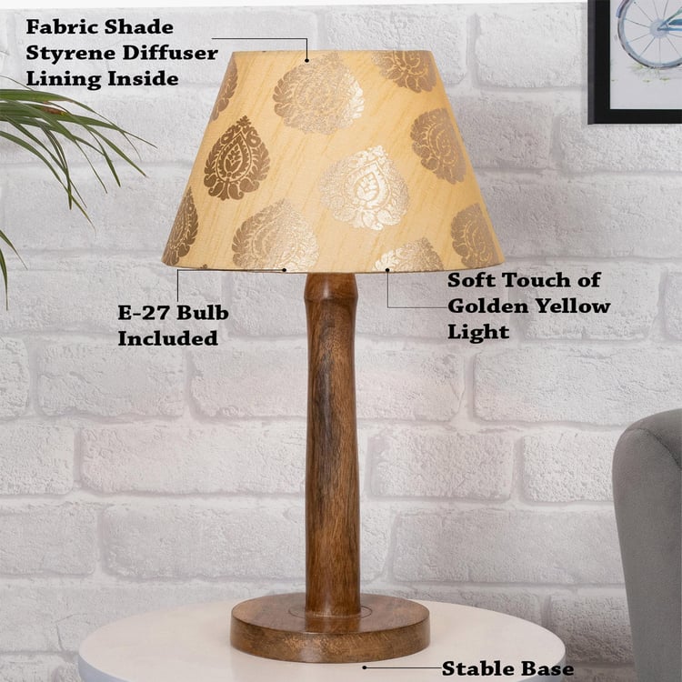 HOMESAKE Gold Wooden Table Lamp With Printed Linen Shade