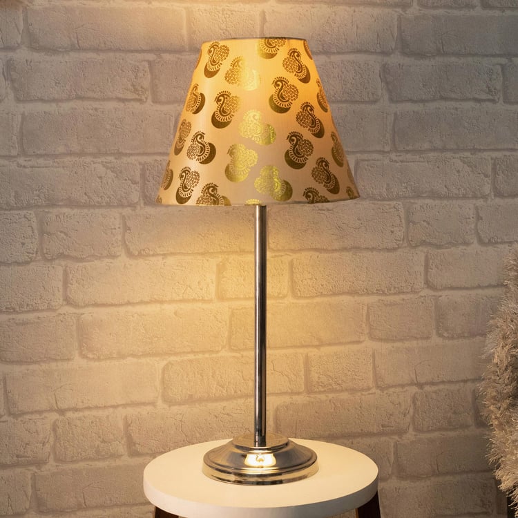 HOMESAKE Gold Steel Table Lamp With Peacock Printed Linen Shade