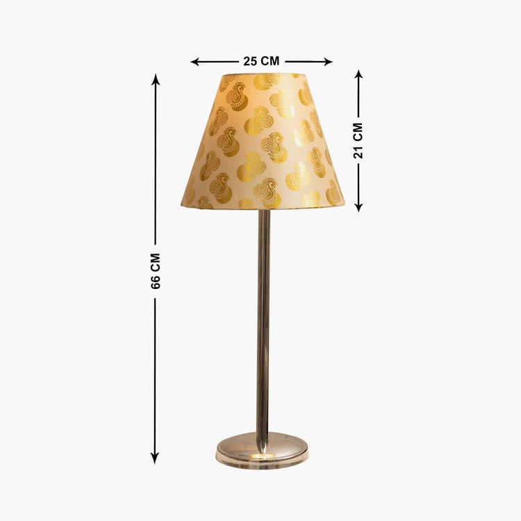 HOMESAKE Gold Steel Table Lamp With Peacock Printed Linen Shade