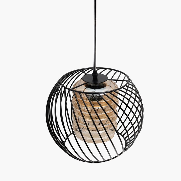 HOMESAKE Black Metal Cage Pendant Light With Glass Shade