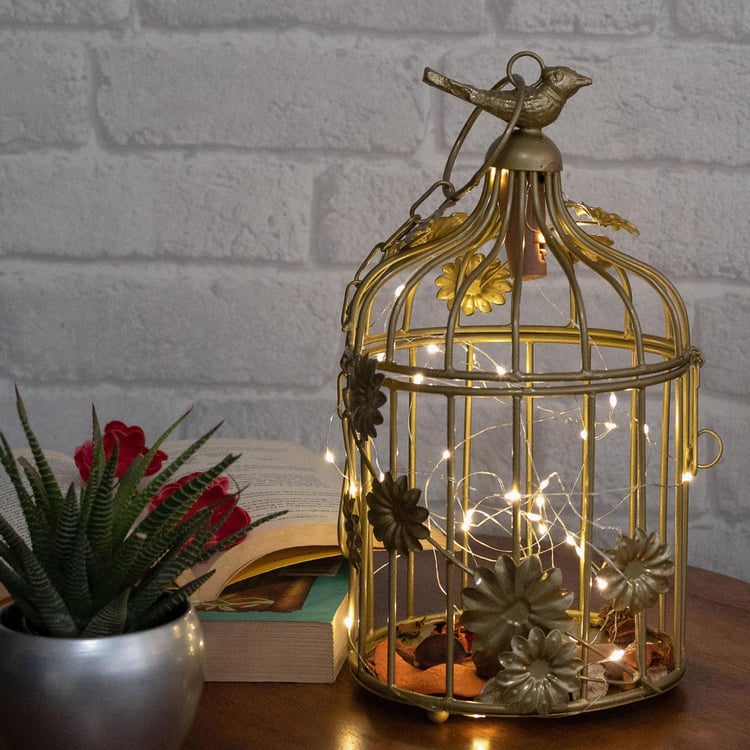 HOMESAKE Gold Iron Bird Cage Hanging T-Light With String Light