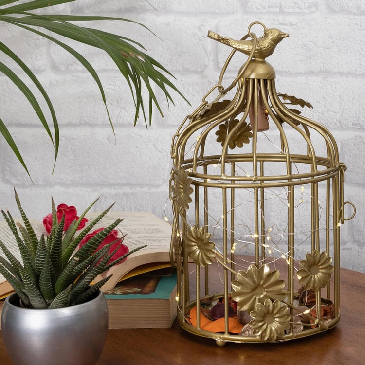 HOMESAKE Gold Iron Bird Cage Hanging T-Light With String Light