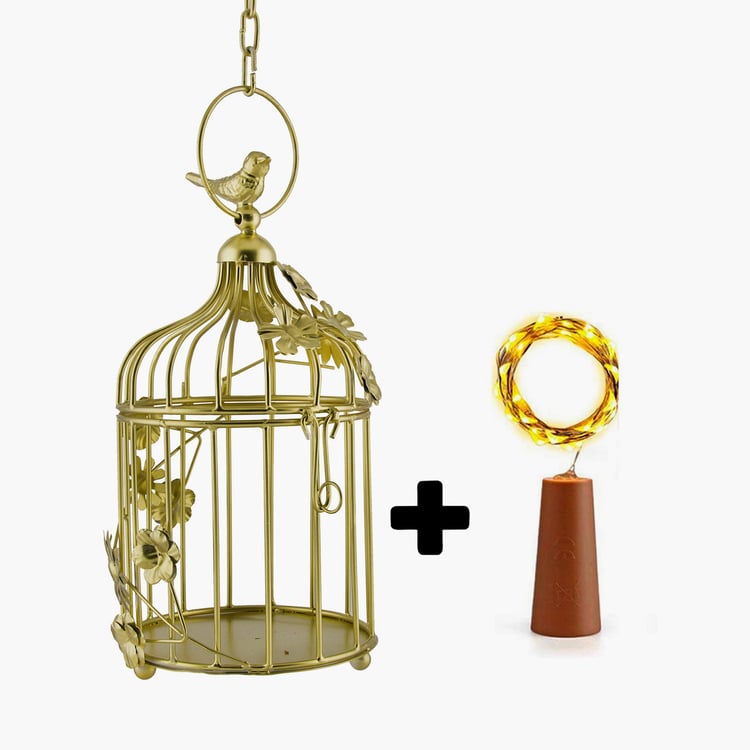 HOMESAKE Gold Iron Bird Cage Hanging T-Light With String Light