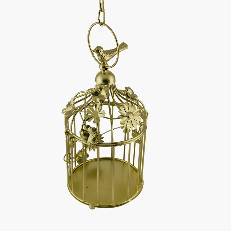 HOMESAKE Gold Iron Bird Cage Hanging T-Light With String Light