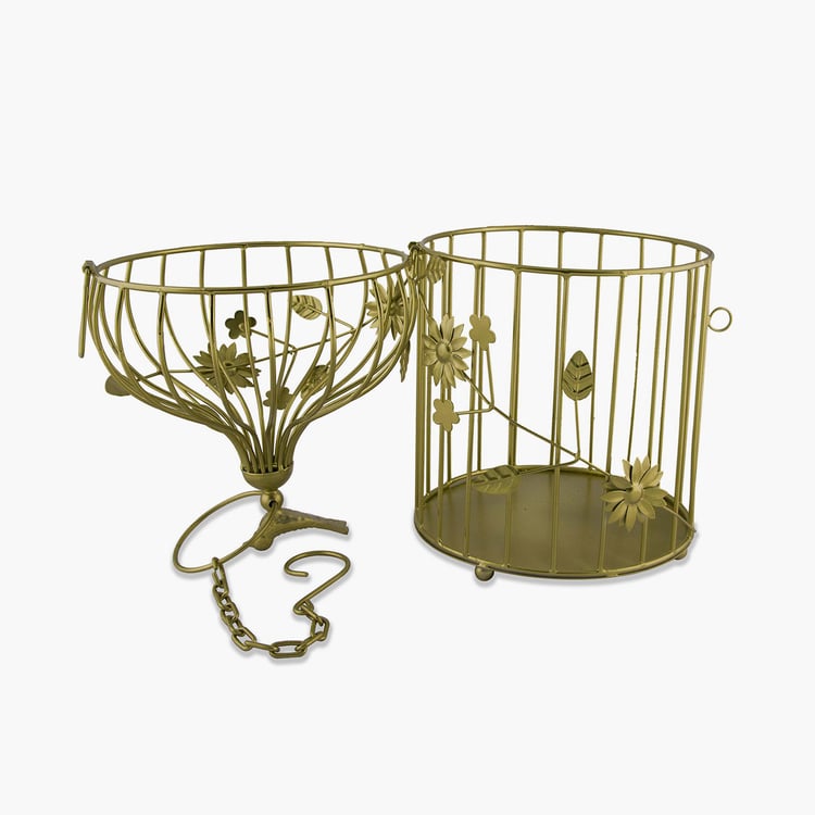 HOMESAKE Gold Iron Bird Cage Hanging T-Light With String Light