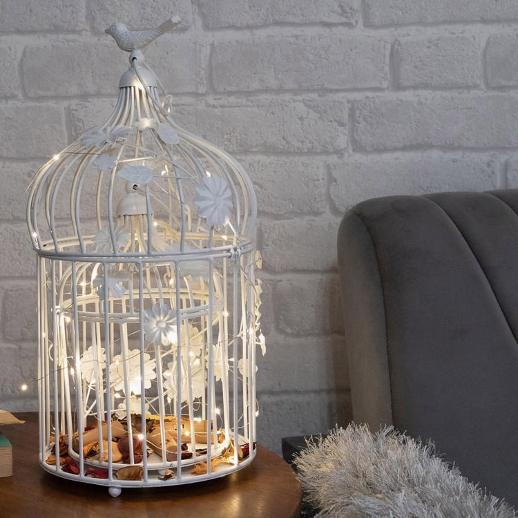 HOMESAKE White Iron Bird Cage Hanging T-Light With String Lights - Set Of 2
