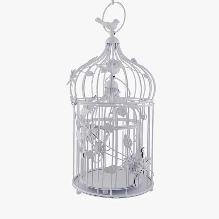 HOMESAKE White Iron Bird Cage Hanging T-Light With String Lights - Set Of 2
