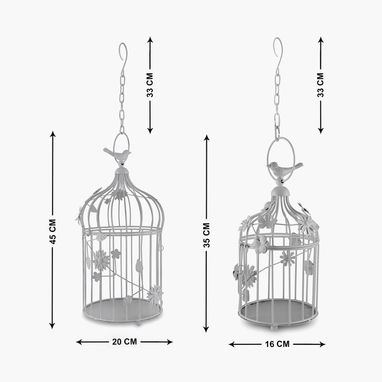 HOMESAKE White Iron Bird Cage Hanging T-Light With String Lights - Set Of 2