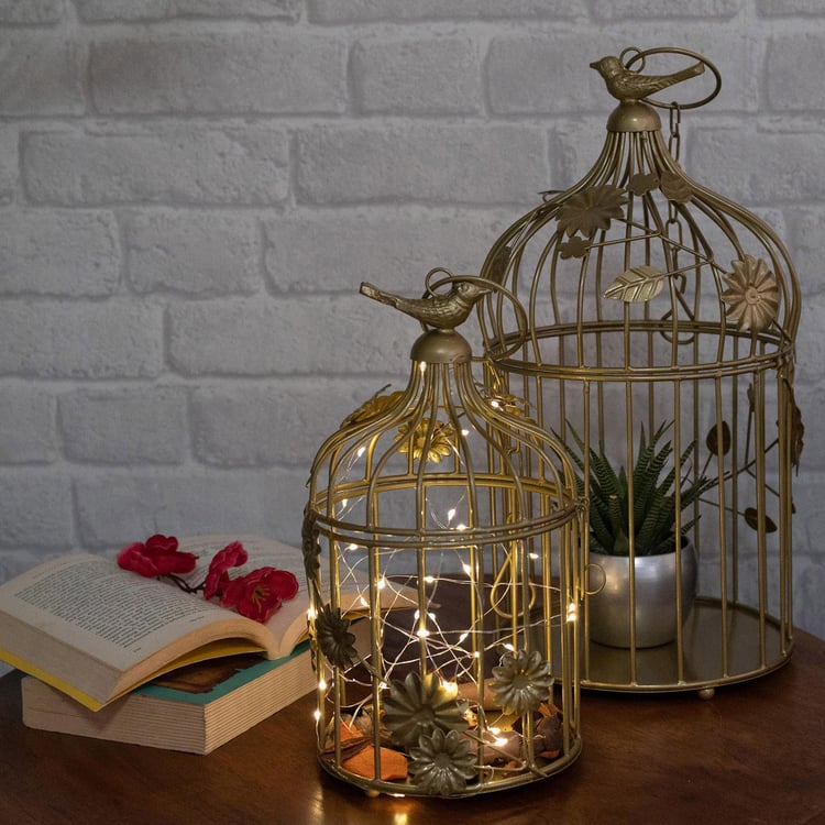 HOMESAKE Gold Bird Cage Iron Hanging T-Light With String Lights - Set Of 2