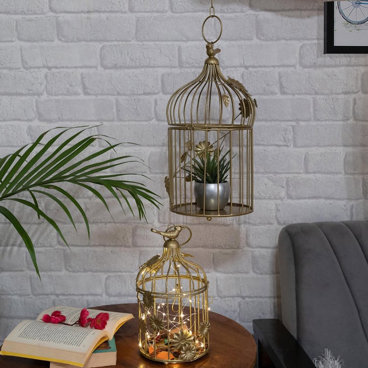 HOMESAKE Gold Bird Cage Iron Hanging T-Light With String Lights - Set Of 2