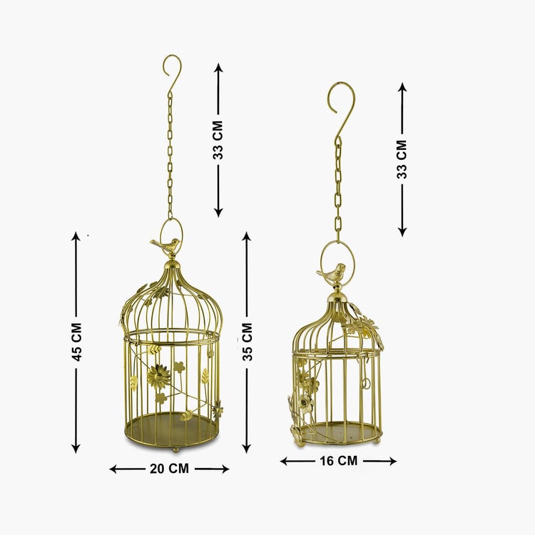 HOMESAKE Gold Bird Cage Iron Hanging T-Light With String Lights - Set Of 2